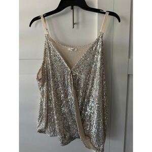 Maurices Womens 1X Sequin Cami Top‎ Champagne Silver Adjustable Strap Faux Wrap